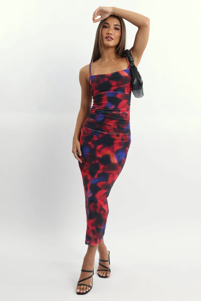 Multi Floral Bodycon Dress Mesh Maxi Permanent Crease