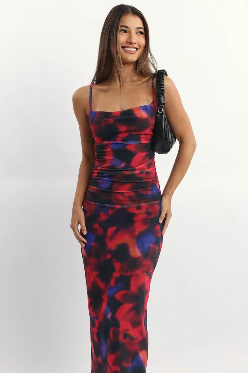 Lightweight Material Timeless Look Multi Floral Bodycon Dress Mesh Maxi
