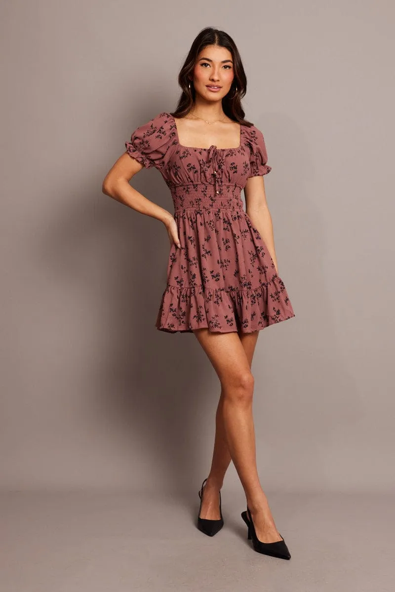Purple Ditsy Fit And Flare Dress Puff Sleeve Mini New Day