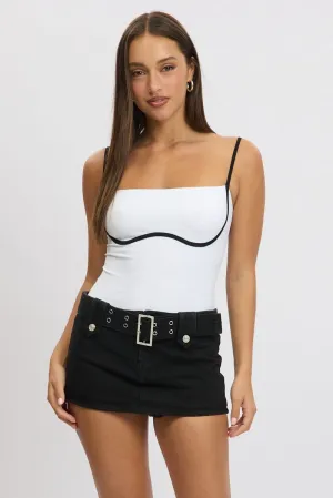 White Bodysuit Sleeveless Contrast Detail Seamless Sporty Style NonRestrictiveSilhouette