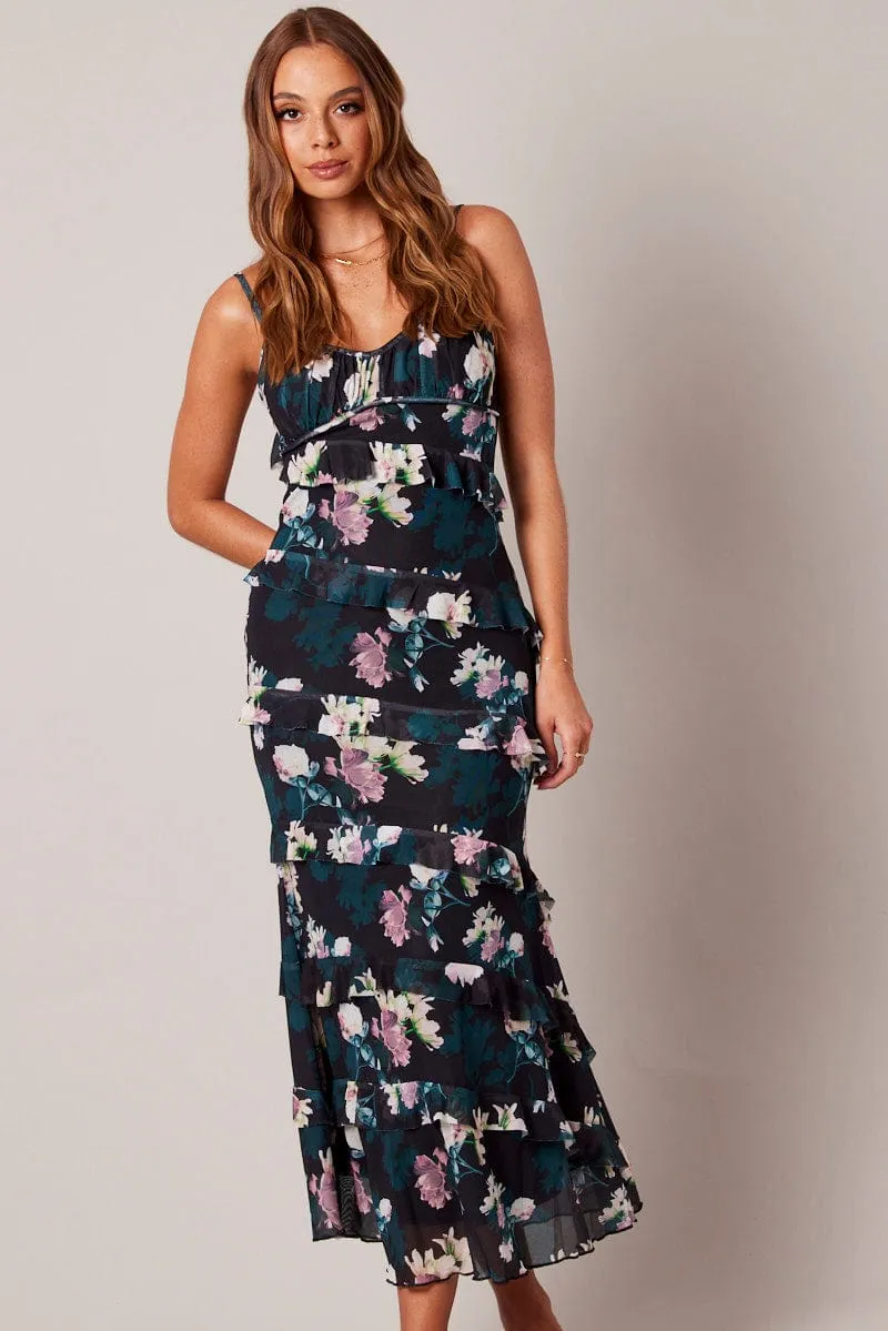 Street Sport Black Floral Bodycon Dress Singlet Sweetheart Frill