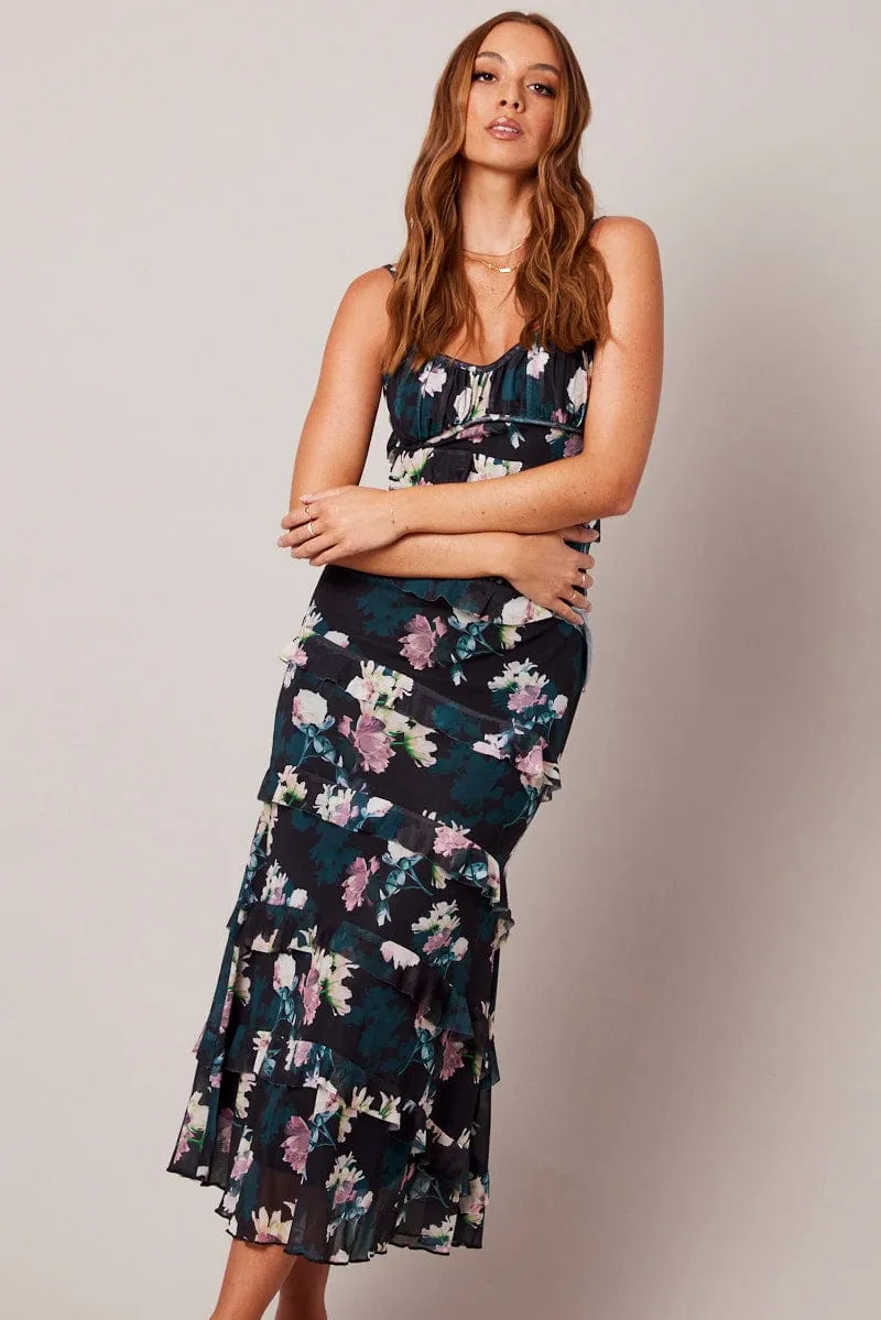MinimalistStyle Sky Mood Black Floral Bodycon Dress Singlet Sweetheart Frill