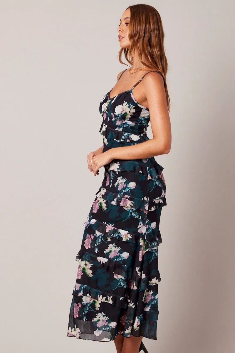 Black Floral Bodycon Dress Singlet Sweetheart Frill Casual Skirt Coastal Chic