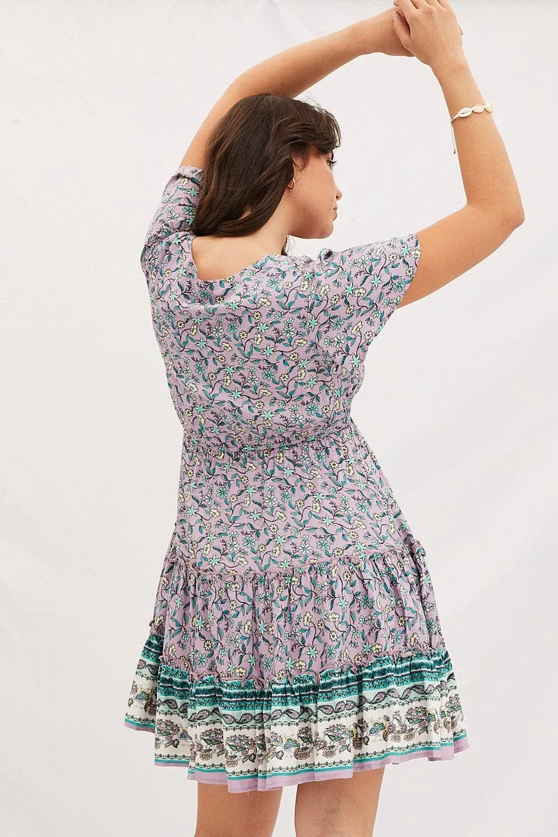 Boho Print V-Neck Short Sleeve Mini Skater Dress Fast Fit