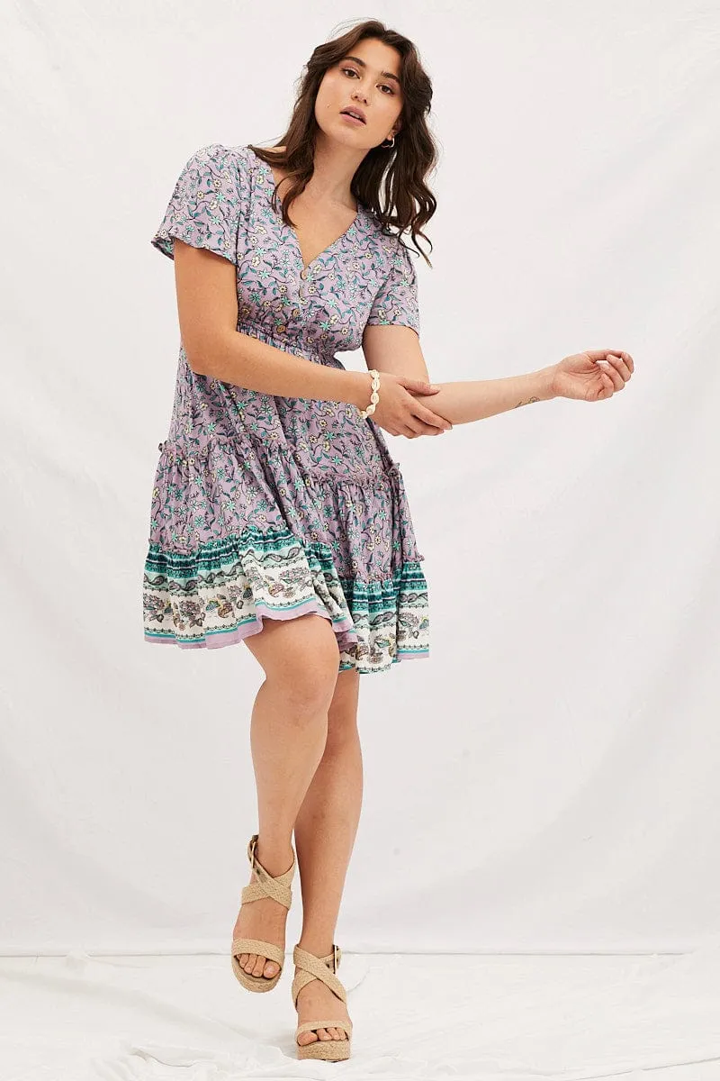 Princess Glow Focus Fit Boho Print V-Neck Short Sleeve Mini Skater Dress