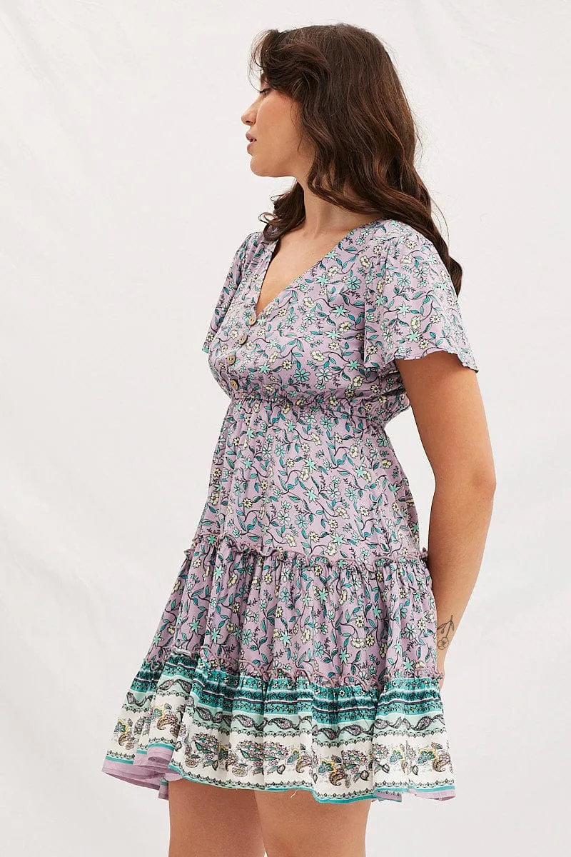Boho Print V-Neck Short Sleeve Mini Skater Dress AntibacterialMaterial Quiet Luxury