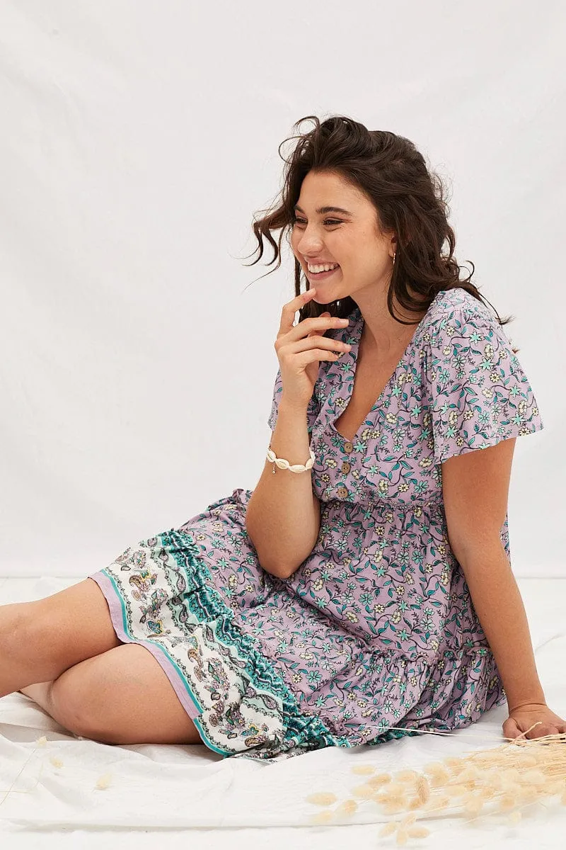 Boho Print V-Neck Short Sleeve Mini Skater Dress Cozy Dress Still Glow
