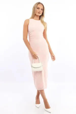 Pink Bodycon Dress Round Neck Sleeveless Burnout AntiStaticLining AntiPillingTechnology