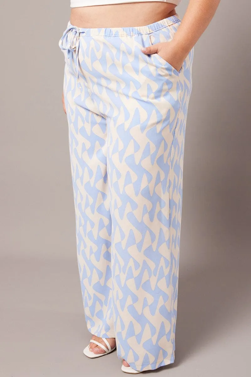 Blue Abstract Wide Leg Pants High Rise Classic Look Trendy Style