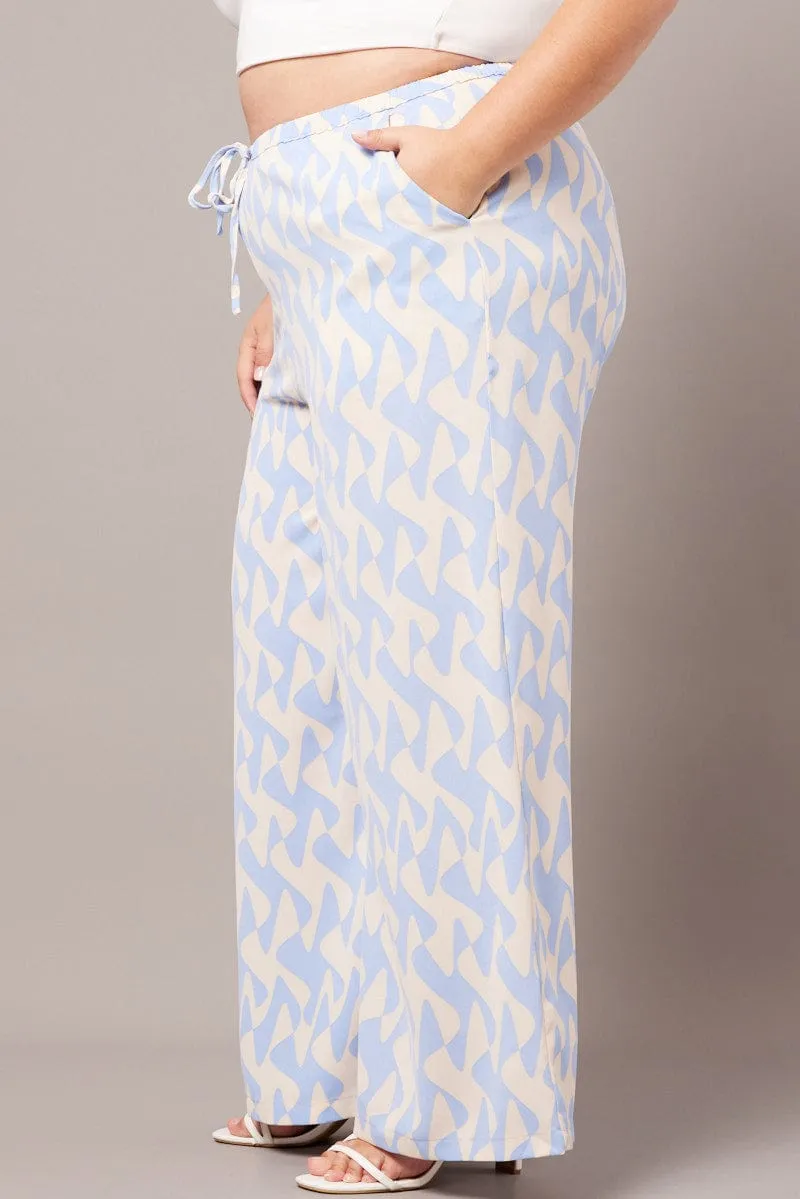 Quick Dry Fabric Sporty Comfort Fit Blue Abstract Wide Leg Pants High Rise