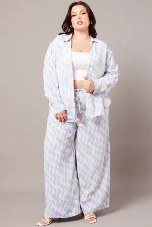 Fashionable Fit Blue Abstract Wide Leg Pants High Rise
