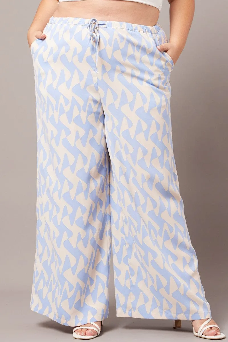 Blue Abstract Wide Leg Pants High Rise Hidden pockets Sleek Cut