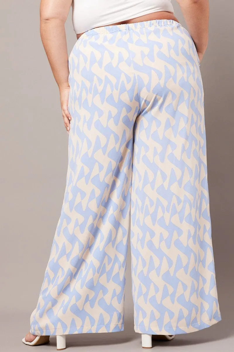Stylish Waistband Airy Feel Blue Abstract Wide Leg Pants High Rise