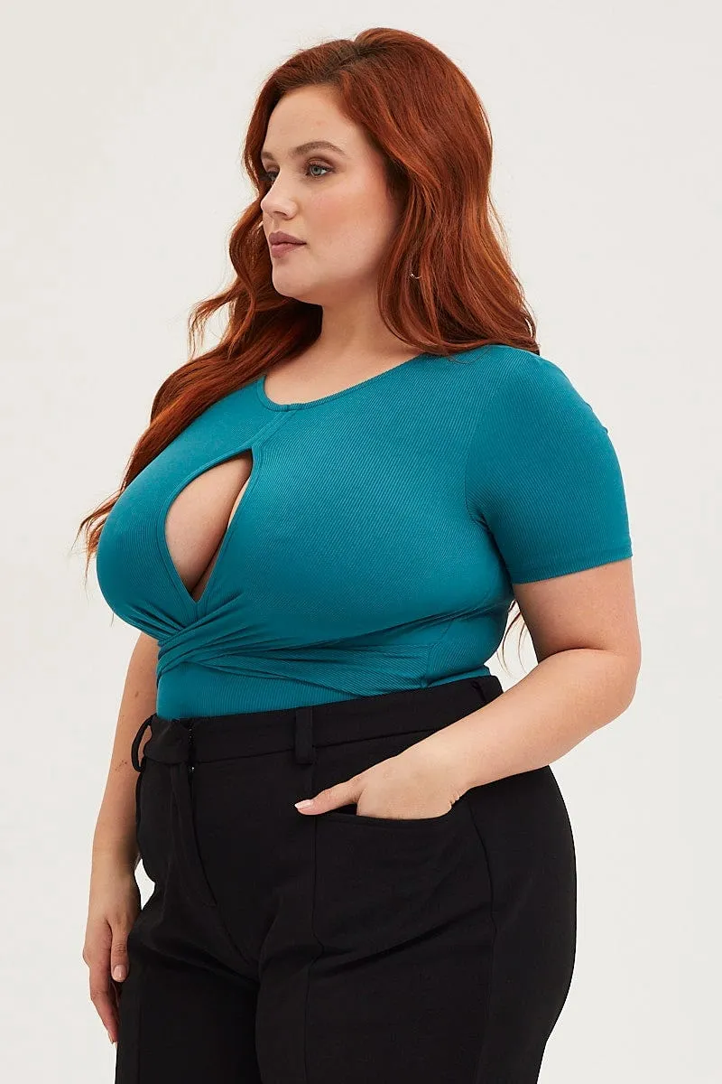 elastic waistband Green Jersey Bodysuit Keyhole Detail Short Sleeve