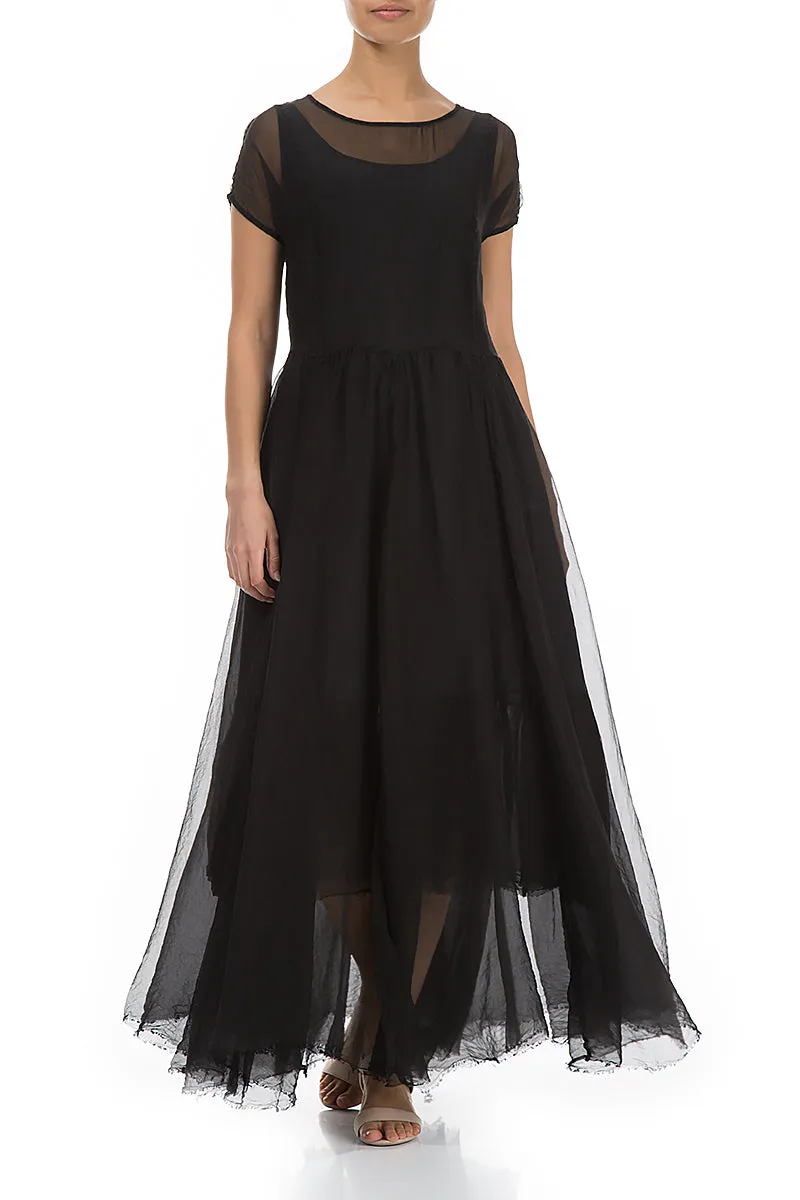 Flowy Black Silk Chiffon Dress Soft Fabric