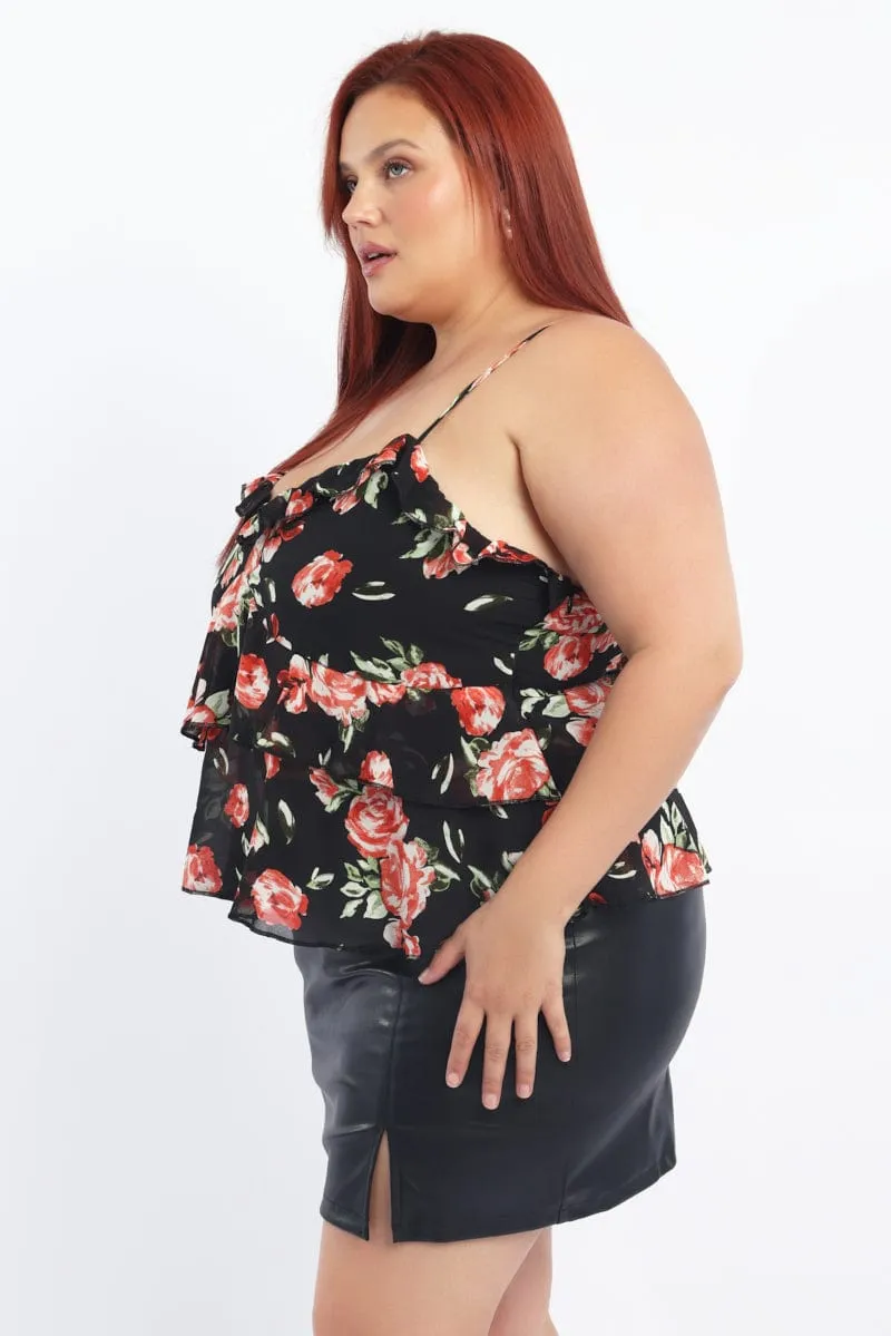 Winner Vibe Red Floral Ruffle Cami Top Chiffon