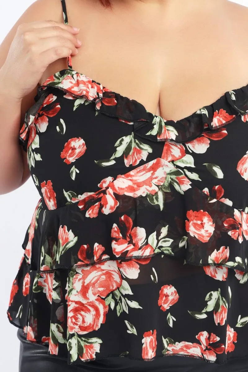 Red Floral Ruffle Cami Top Chiffon CompactKnit
