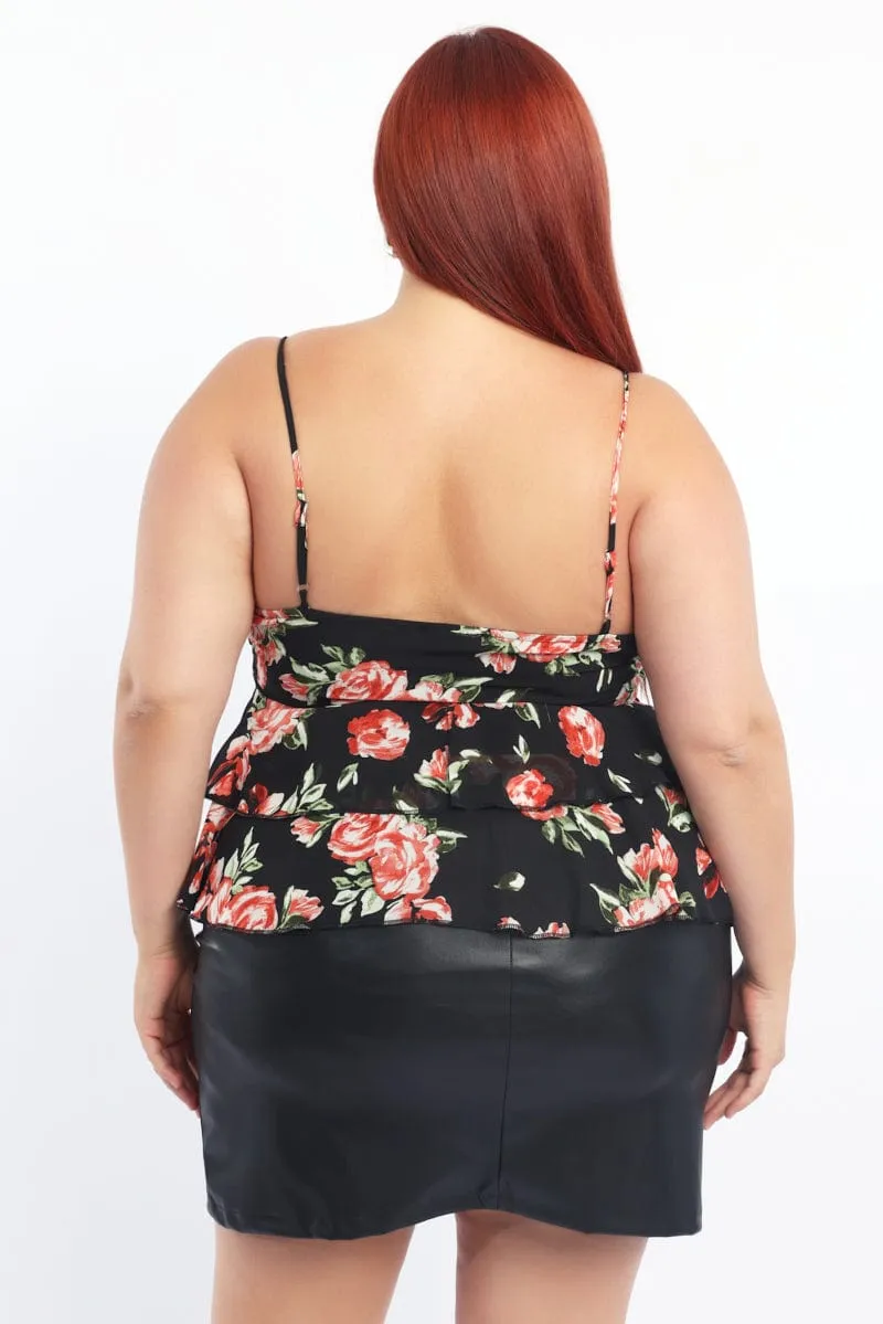 WrinkleResistantCloth Trendy Look Red Floral Ruffle Cami Top Chiffon