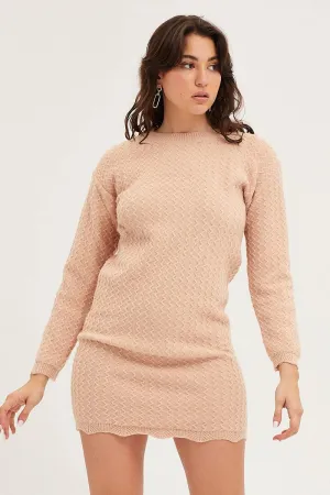 Beige Dress Long Sleeve Mini Knit Relaxing Wear