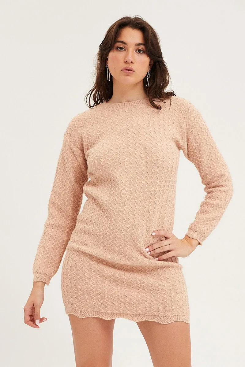 VersatileStyle Beige Dress Long Sleeve Mini Knit