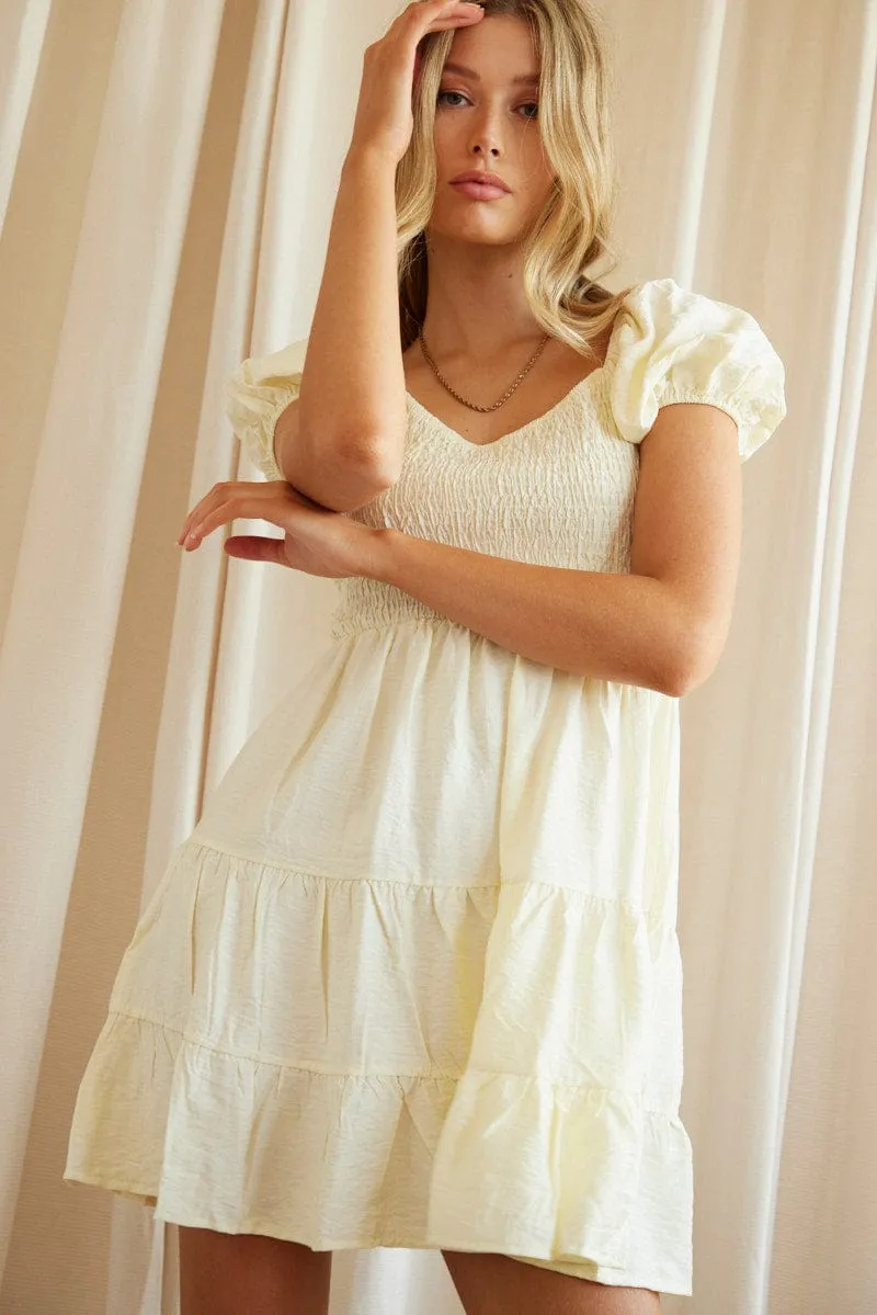 Polish Core Stylish Blouse Beige Fit And Flare Dress Short Sleeve Scoop Neck