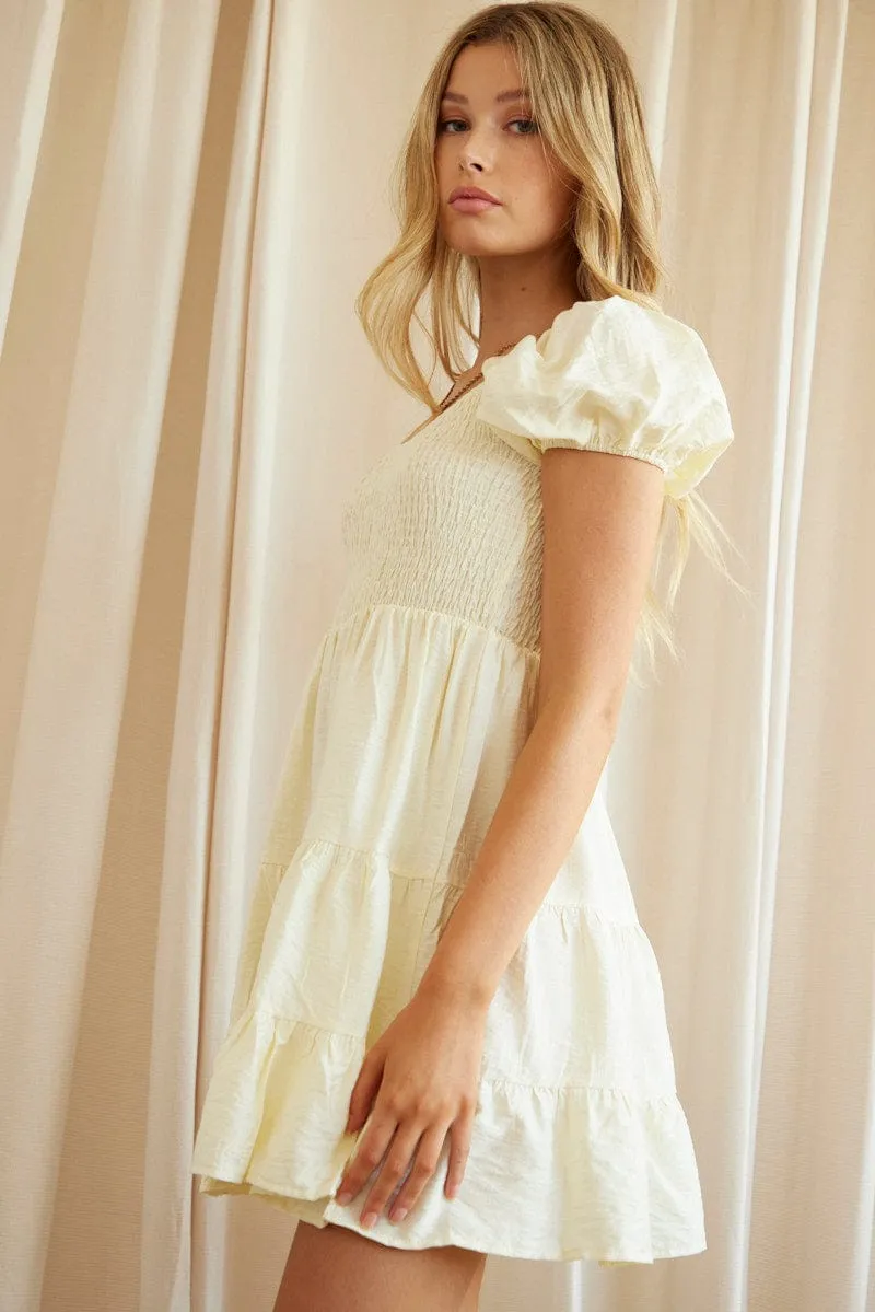 Beige Fit And Flare Dress Short Sleeve Scoop Neck StretchComfort Comfort Design