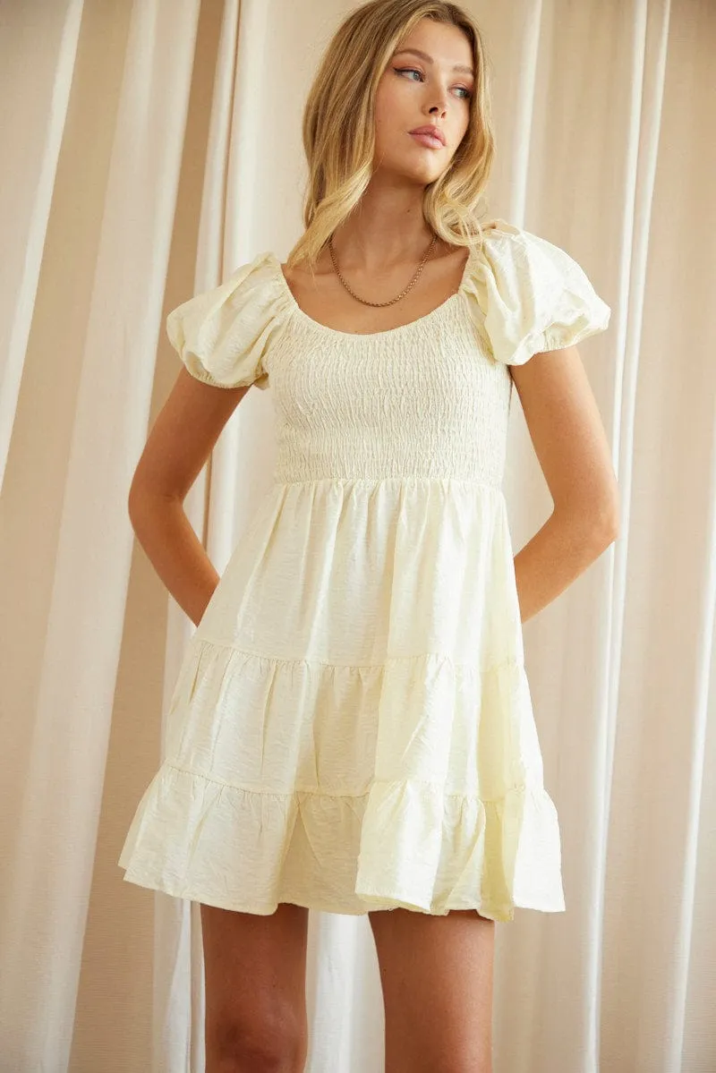 Smooth Edge Binding Beige Fit And Flare Dress Short Sleeve Scoop Neck