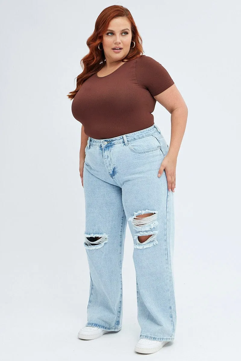 Village Charm Brown Bodysuit Short Sleeve Crew Neck Seamless