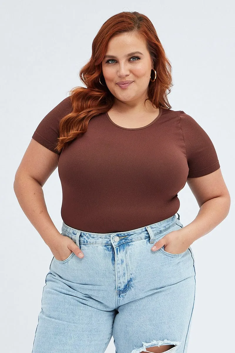 Colorfast Dye Movement Friendly Brown Bodysuit Short Sleeve Crew Neck Seamless