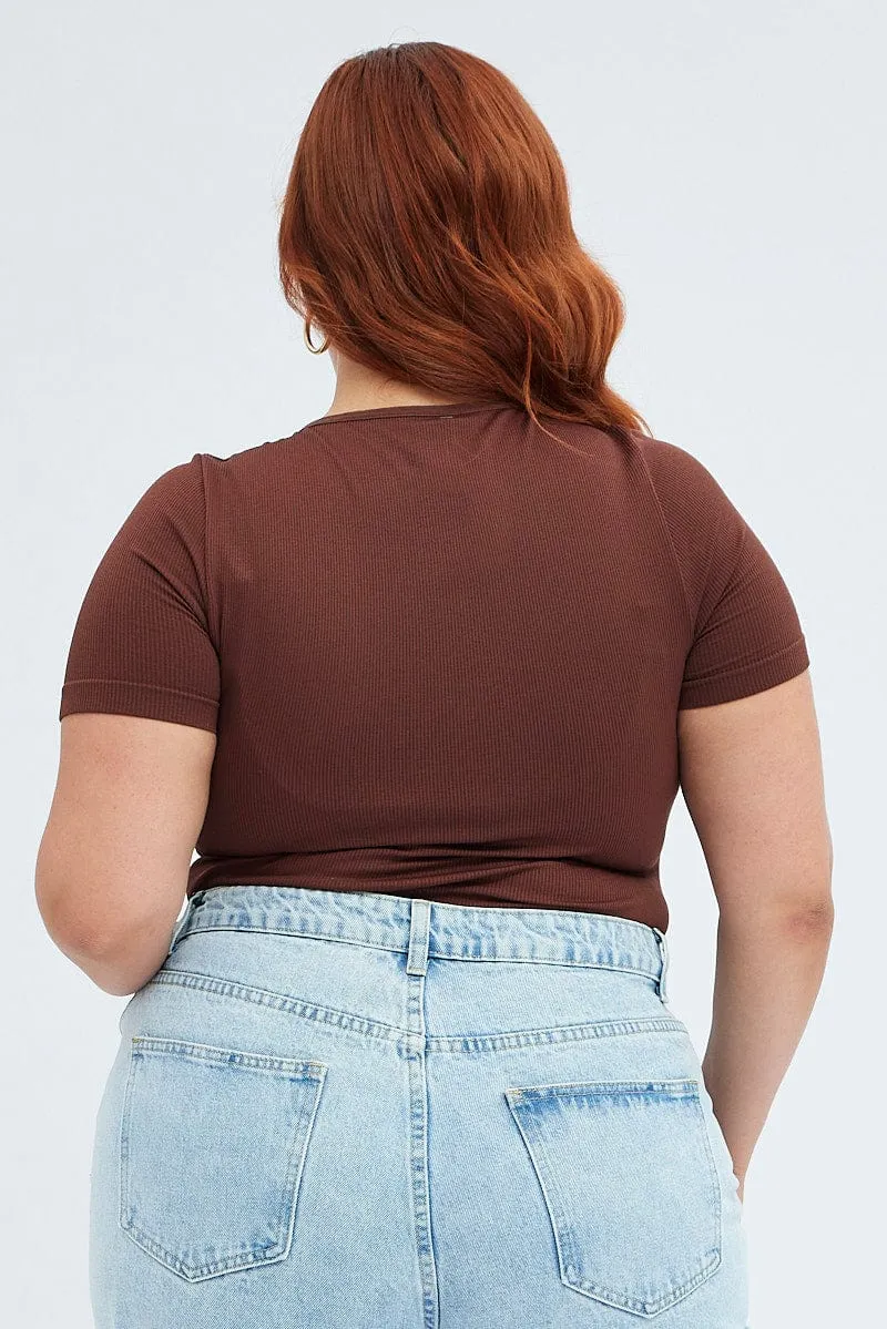 Brown Bodysuit Short Sleeve Crew Neck Seamless Casual Chic StretchWaistband