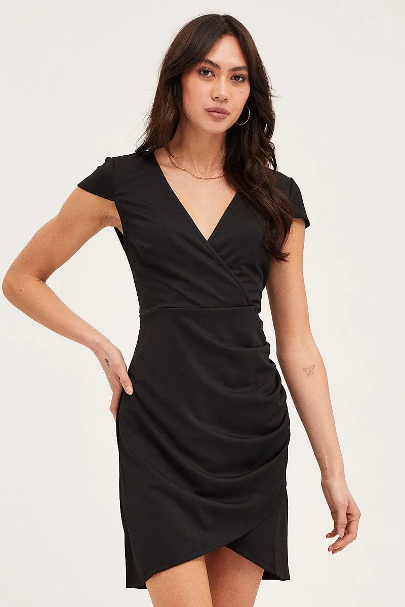 LayeredNeckline Clear Glow Black Bodycon Dress Short Sleeve Mini V Neck