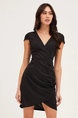 Black Bodycon Dress Short Sleeve Mini V Neck Winter Accessories EasyAdjustment