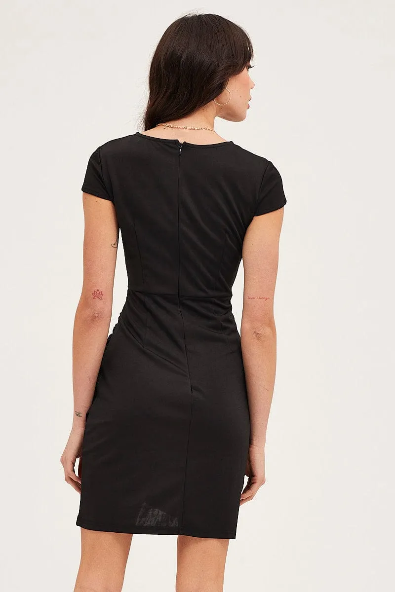 Black Bodycon Dress Short Sleeve Mini V Neck PreShrunkFabric Classic Suit