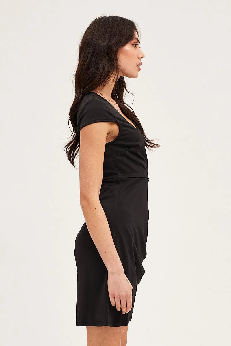 Black Bodycon Dress Short Sleeve Mini V Neck Free Shape