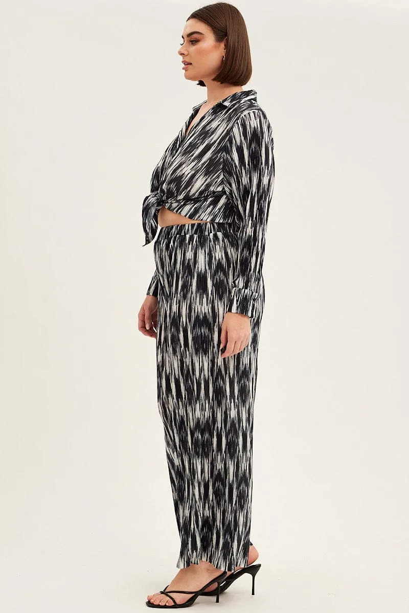 Black Print Plisse Pants Wide Leg High Rise Perfect Comfort Fit