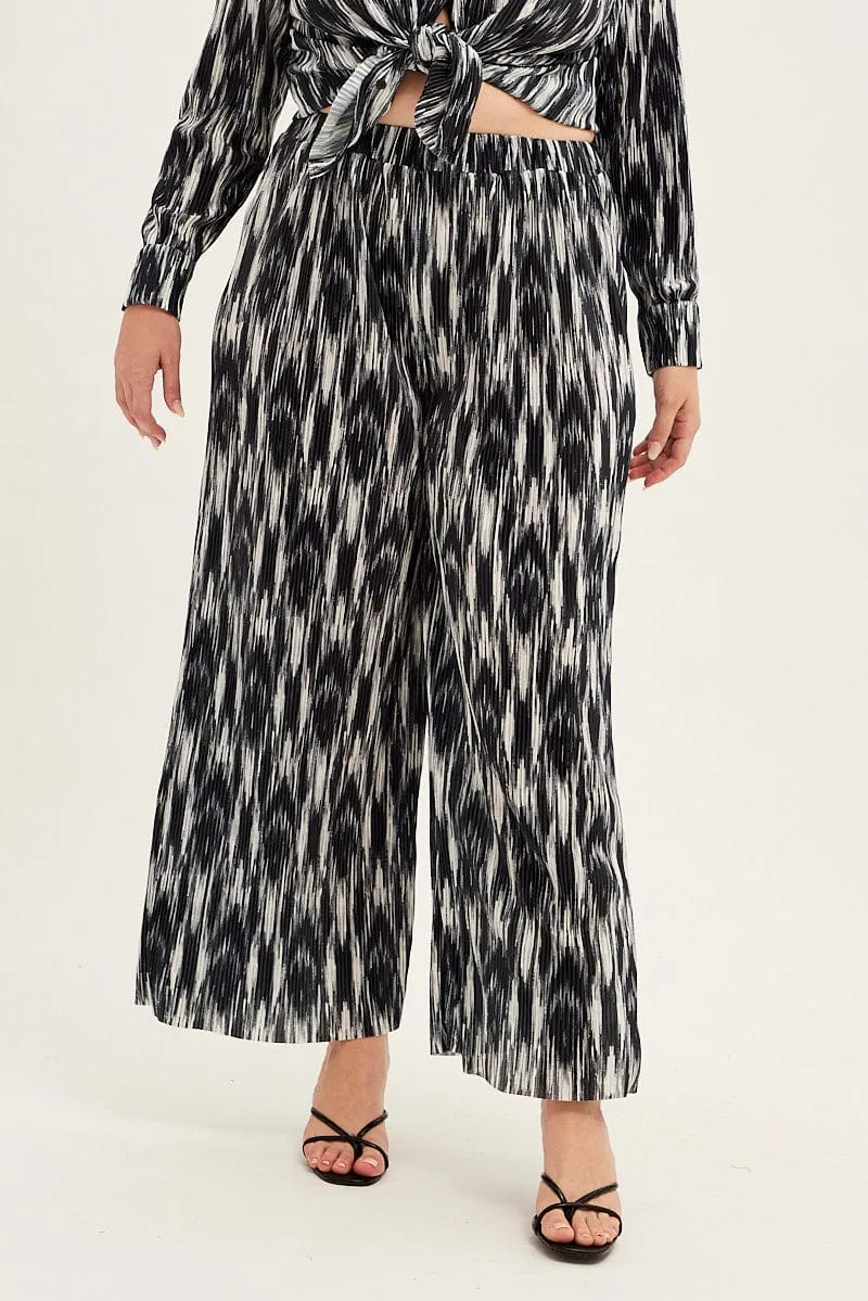 EcoFriendlyMaterial Easy Care Fabric Black Print Plisse Pants Wide Leg High Rise