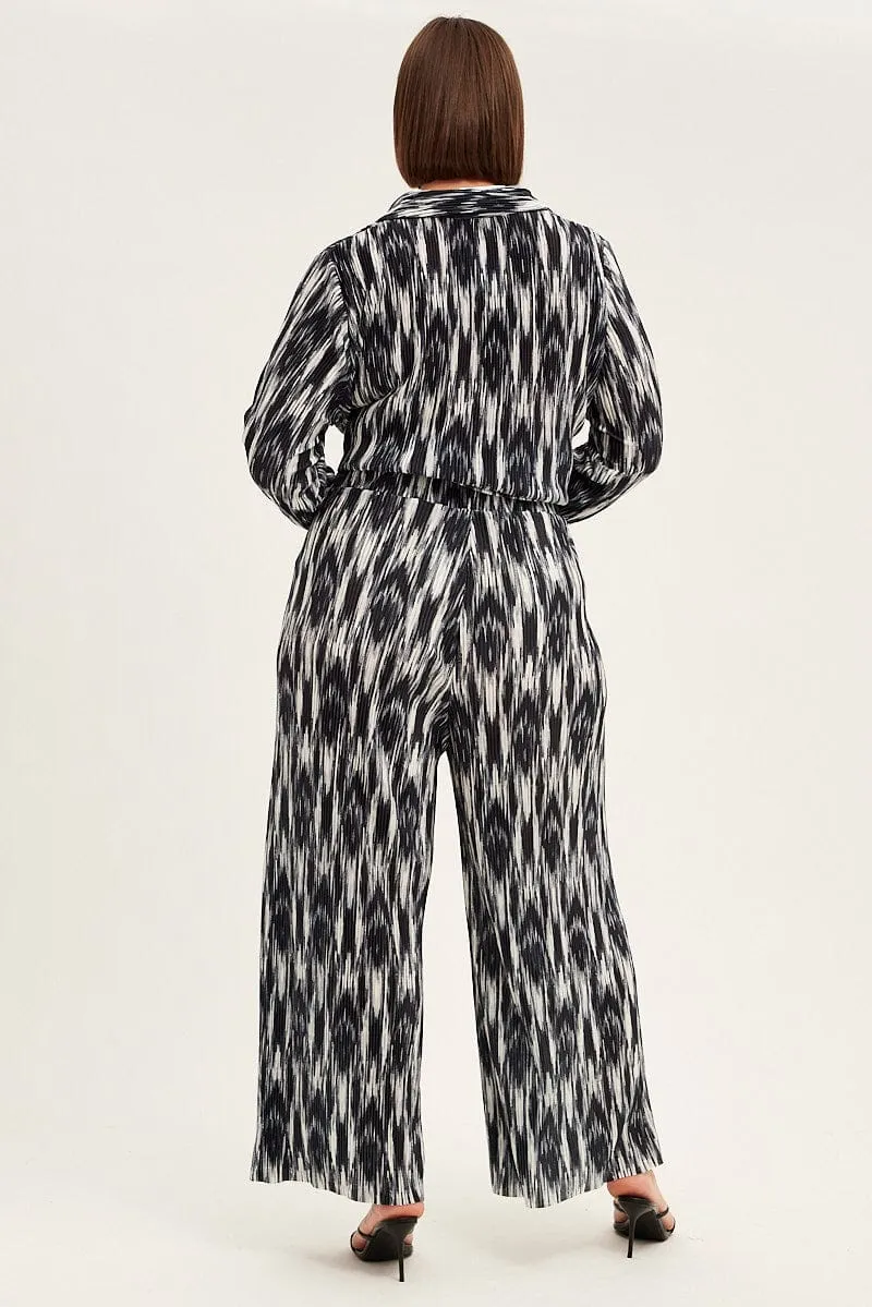 Reinforced Stitching Breathable Layer Black Print Plisse Pants Wide Leg High Rise