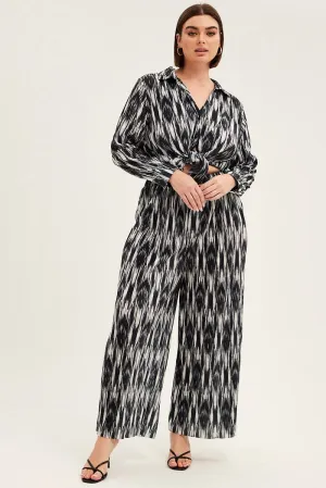 Essential Comfort Wear Black Print Plisse Pants Wide Leg High Rise