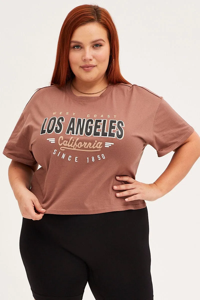 Brown Cotton T-shirt Embroidered Los Angeles Simple Chic Outdoor Essentials