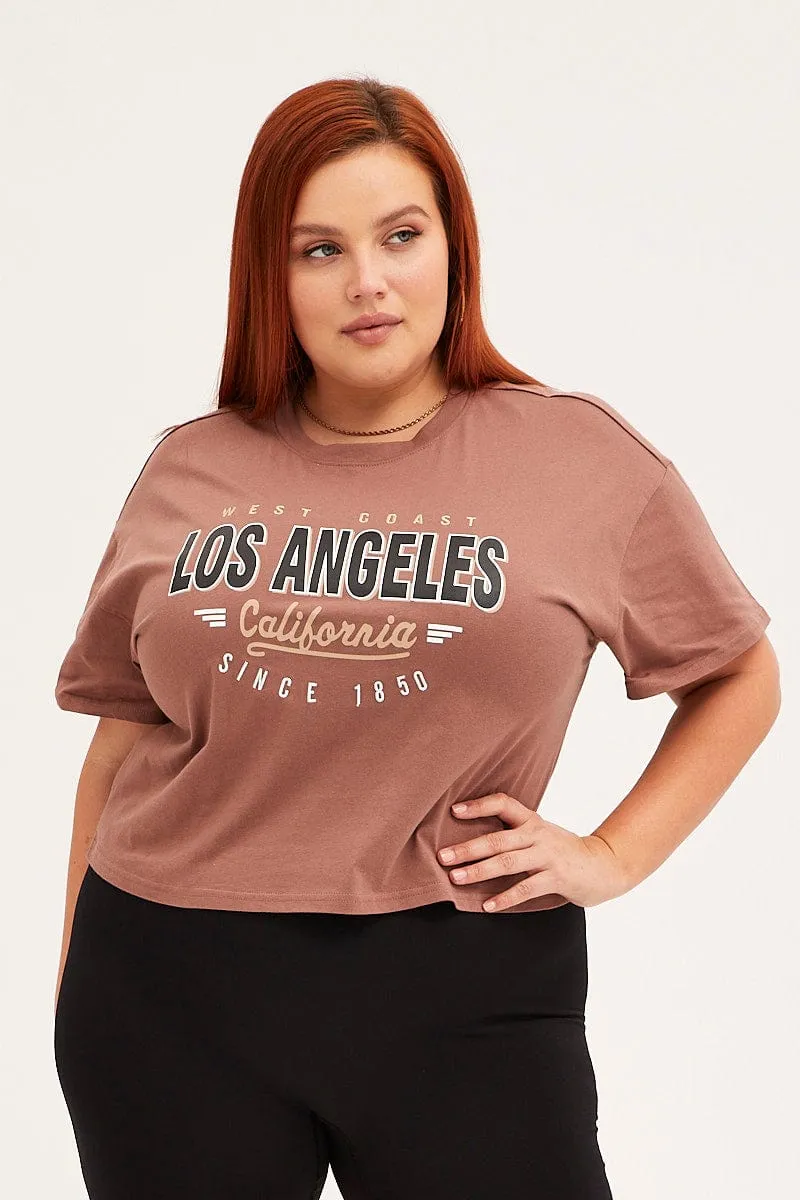 Fun and Relaxed Brown Cotton T-shirt Embroidered Los Angeles