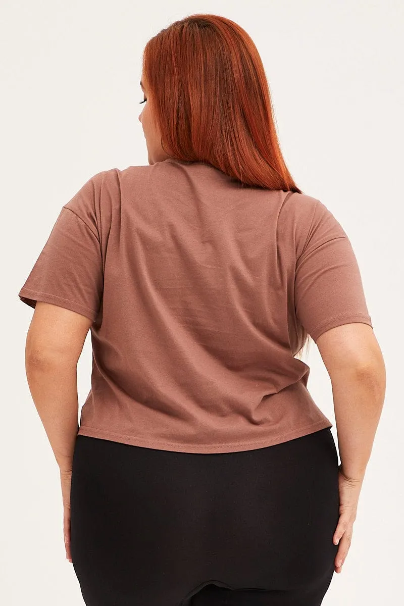 Brown Cotton T-shirt Embroidered Los Angeles Lace trim UV protected