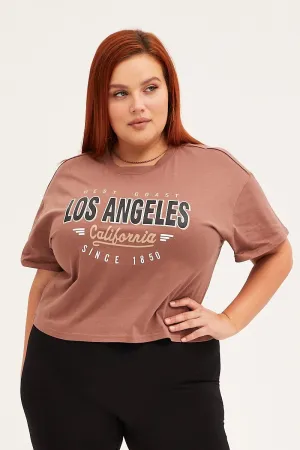 Fun and Relaxed Brown Cotton T-shirt Embroidered Los Angeles