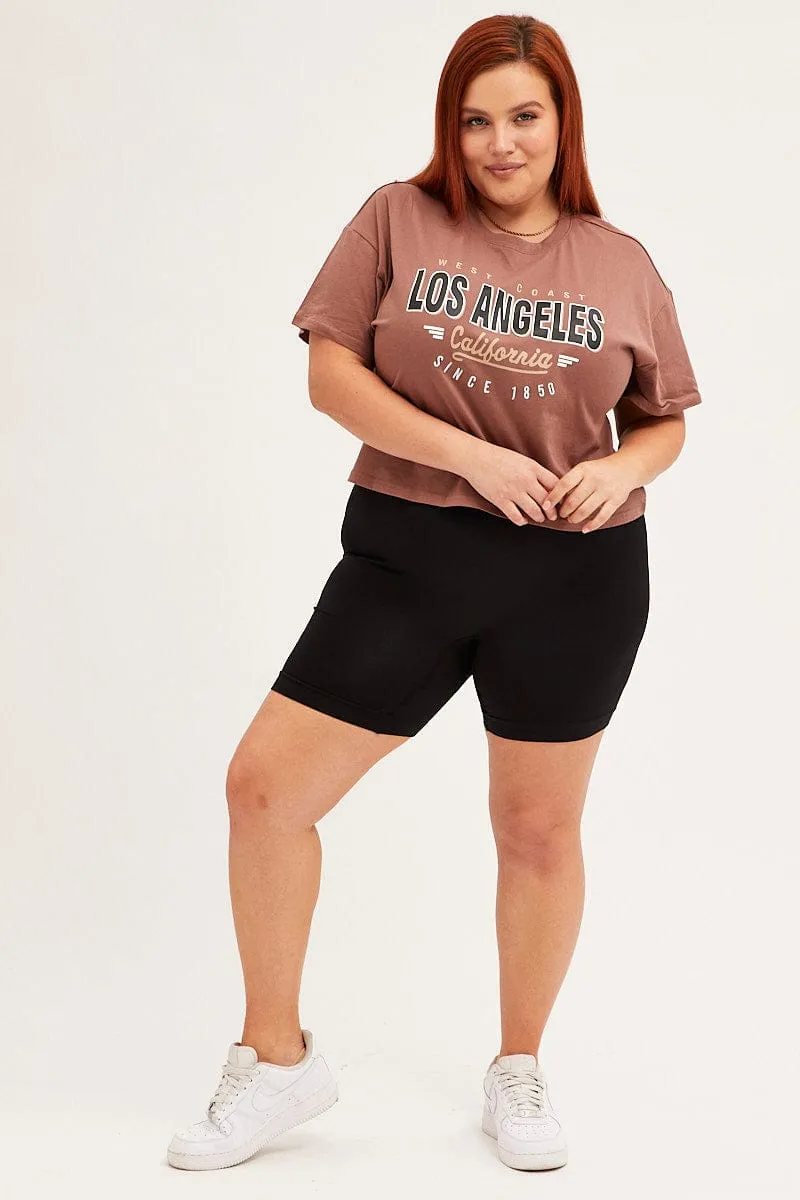 Brown Cotton T-shirt Embroidered Los Angeles Casual Wearable Casual Vibe Wear