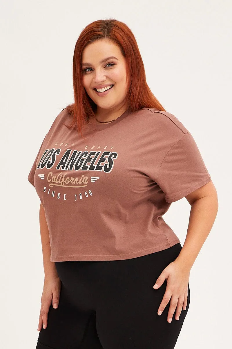 Brown Cotton T-shirt Embroidered Los Angeles Garment Dyed Finish Anti-bacterial