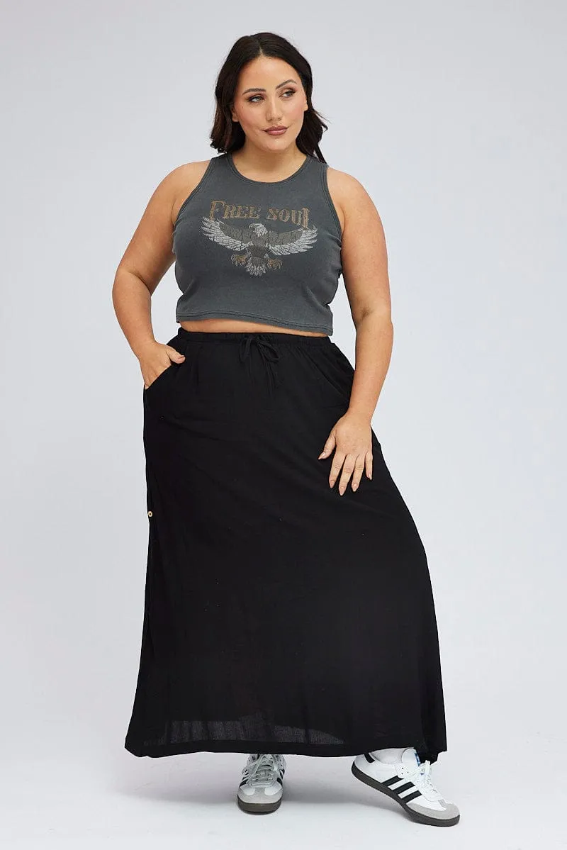 Black Maxi Skirt Long Side Tab Adjustable perforated design Synthetic Blend