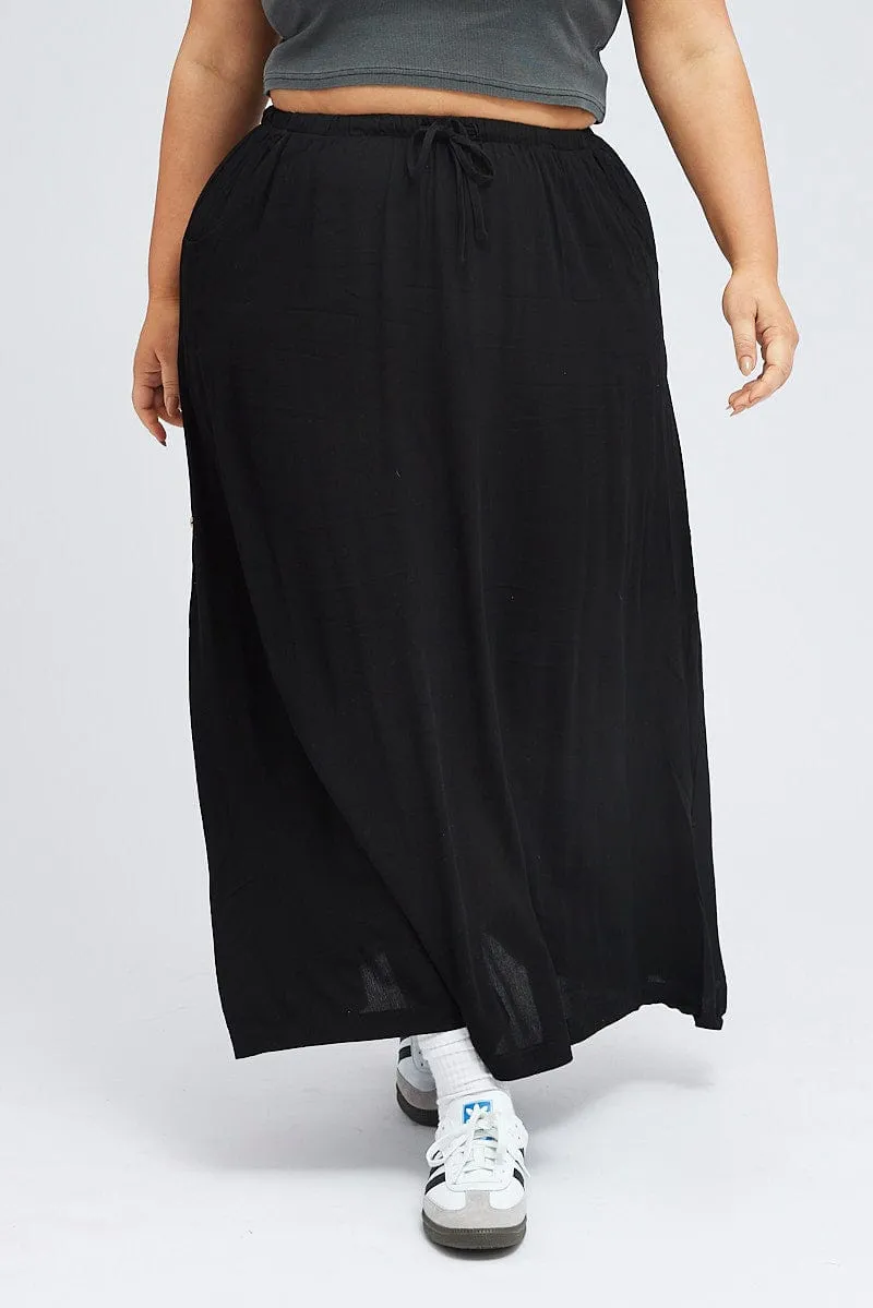 Ruching Details Black Maxi Skirt Long Side Tab Adjustable