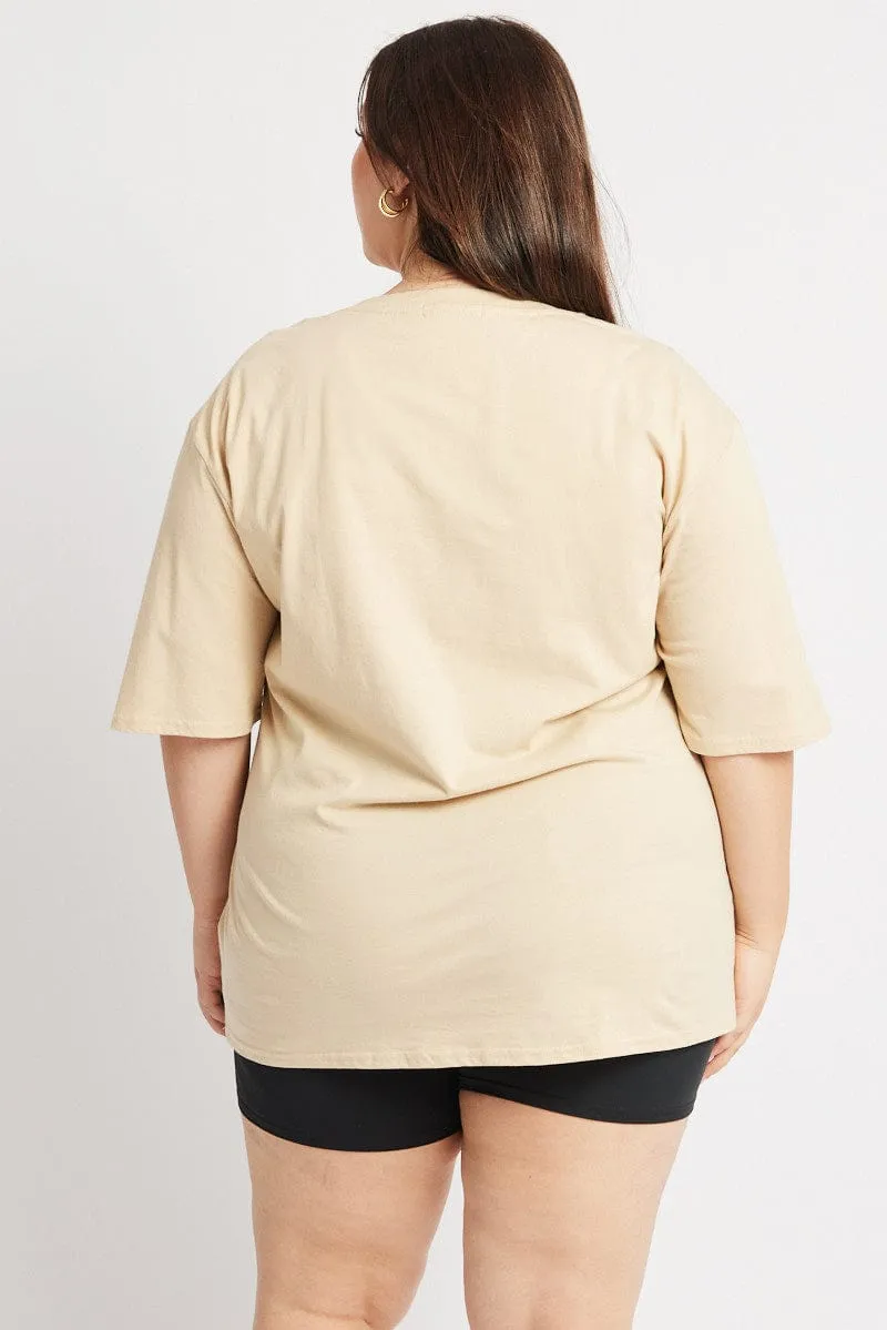 Beige Graphic T Shirt Short Sleeve Crew Neck Seasonal Fashion