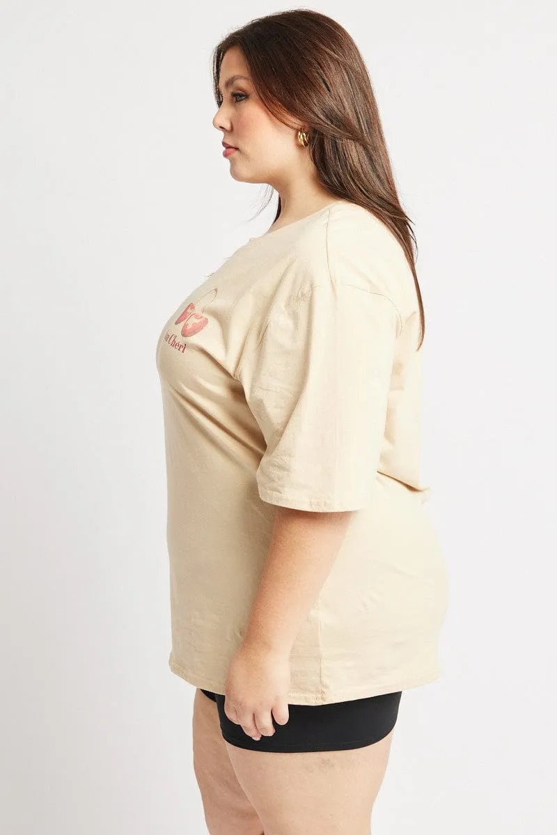 Chilly Comfort budget-friendly Beige Graphic T Shirt Short Sleeve Crew Neck