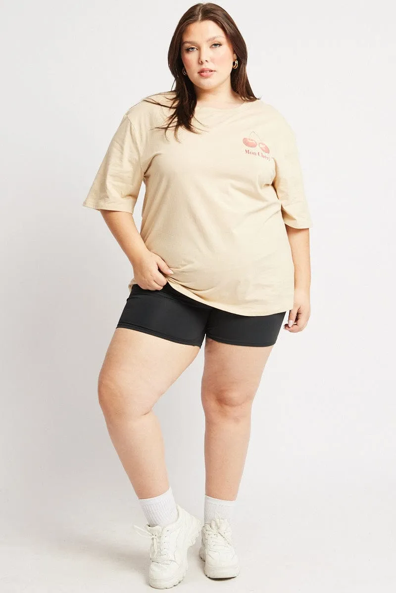 Beige Graphic T Shirt Short Sleeve Crew Neck Weekend Trend
