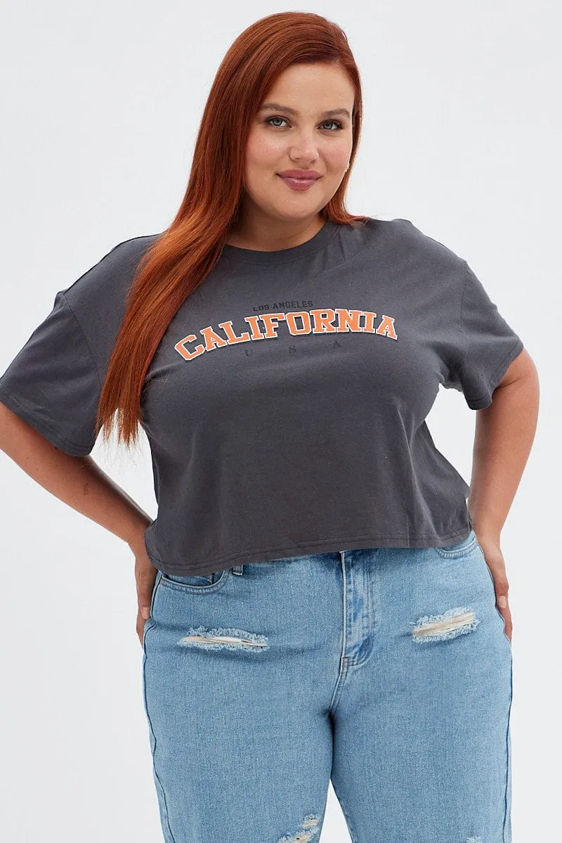 Black Graphic T-shirt La Washed Crop Cotton Hypoallergenic Textile